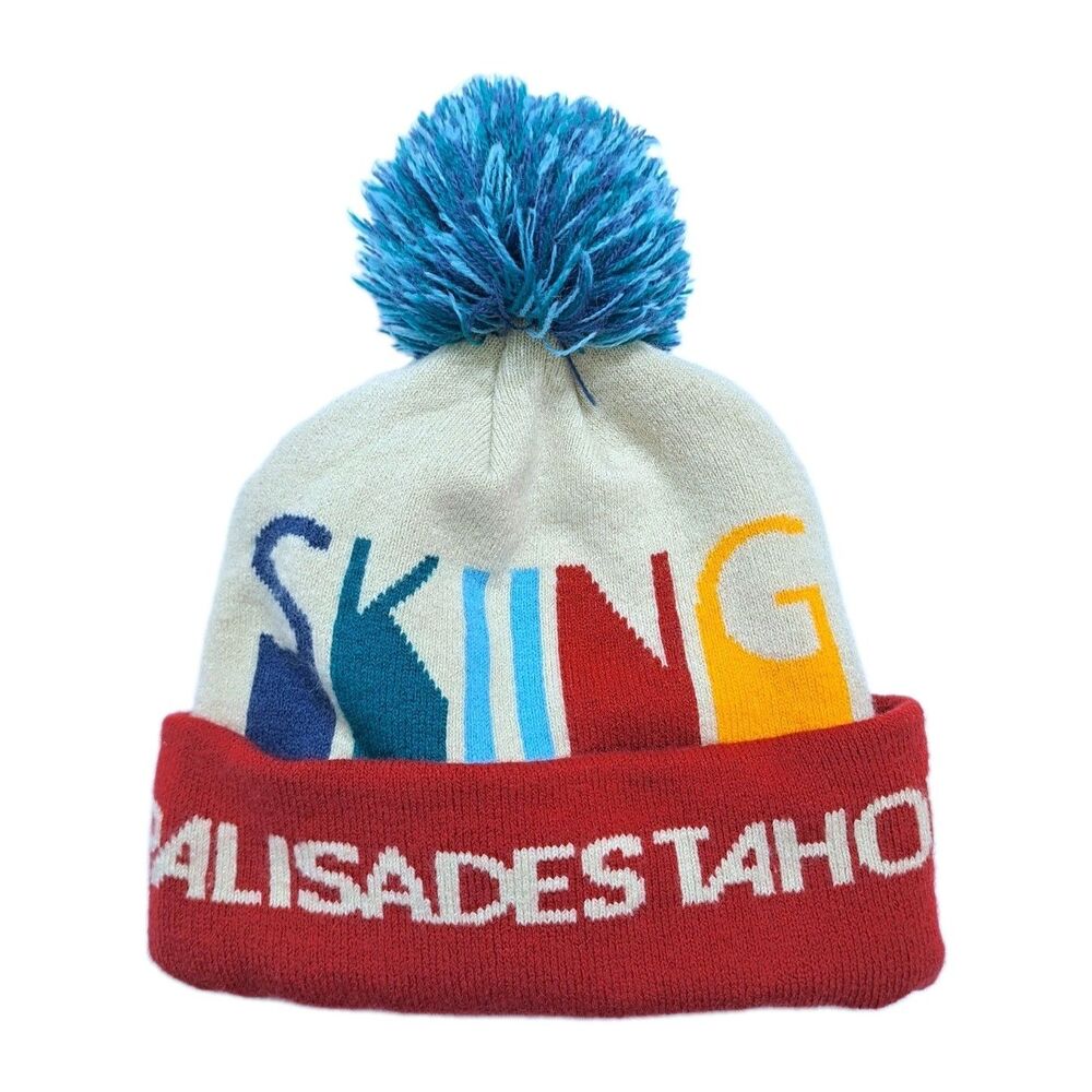 Palisades Ski Tahoe Resort Beanie Winter Ski Hat Pom Multicolor Retro Vintage